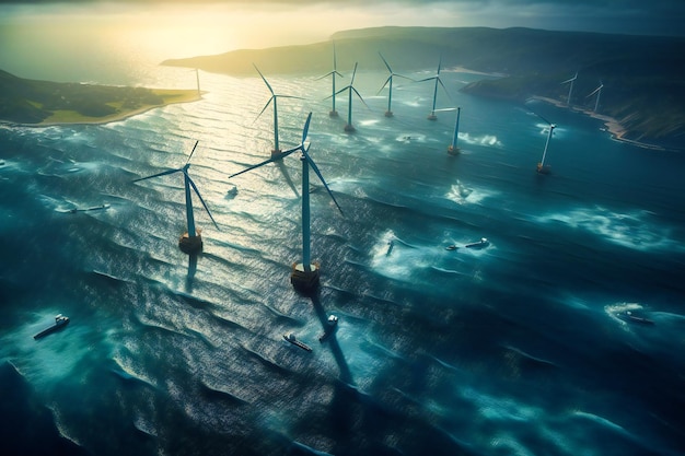 Do alto, as turbinas eólicas parecem dançar através do oceano, suas pás girando em uníssono enquanto geram energia verde limpa para um futuro sustentável