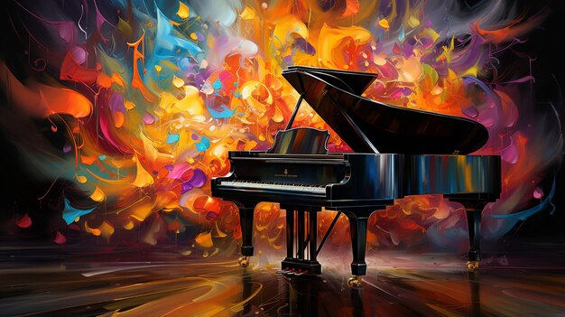 Foto do coração de um piano de cauda, as melodias se desdobram como vibrantes traços de cor. a tampa abre uma porta.