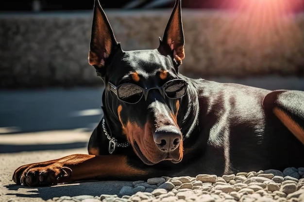 Doberman deitado ao sol com a língua para fora criado com IA generativa