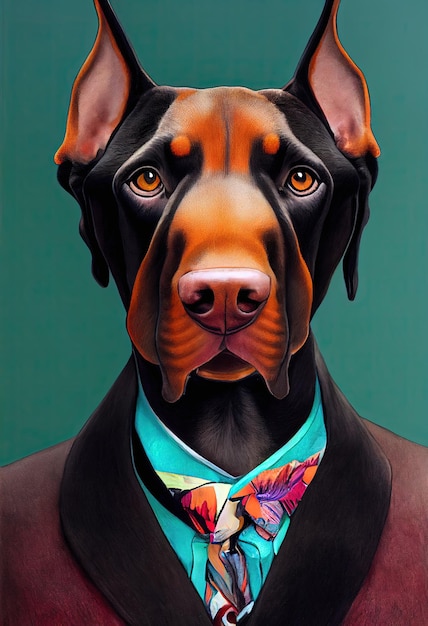 Doberman em retrato de terno gerado por inteligência artificial