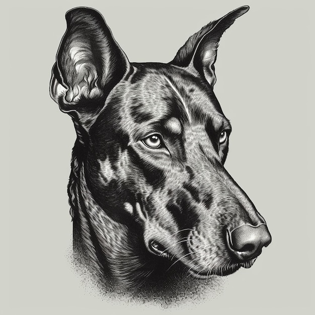Doberman estilo de grabado retrato de primer plano dibujo en blanco y negro perro lindo mascota favorita