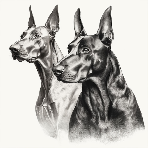 Doberman gravura estilo closeup retrato desenho preto e branco cão bonito animal de estimação favorito