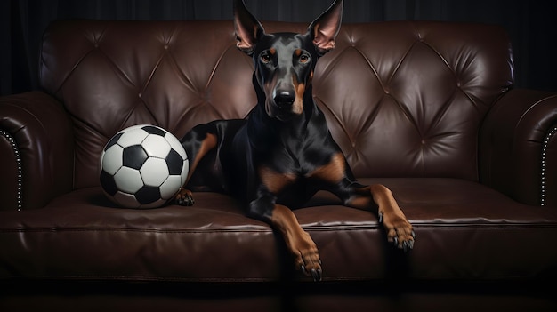 Doberman majestoso com uma bola de futebol