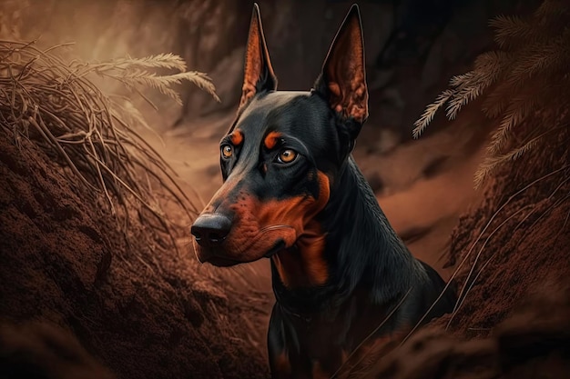 Doberman pinscher a la caza con la mirada enfocada en la presa creada con IA generativa