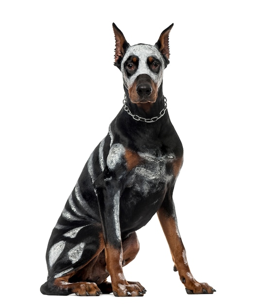 Doberman Pinscher disfrazado sentado, aislado en blanco