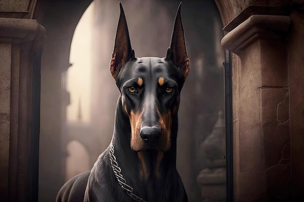 Doberman pinscher haciendo guardia con sus oídos y ojos alerta creado con IA generativa