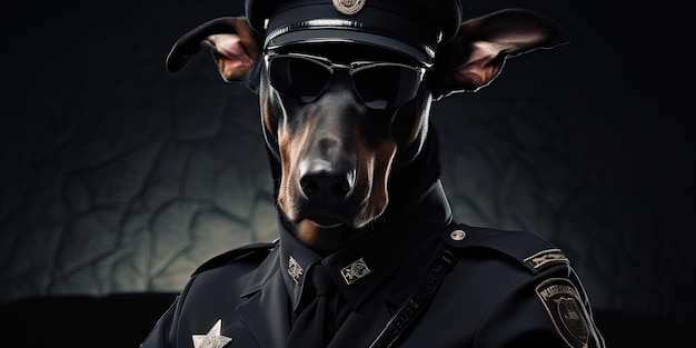 Doberman-Pinscher mit schlechtem Aussehen, der als Sicherheitsbeamter oder Polizist arbeitet, einen Polizeihut, eine Sonnenbrille und ein Uniformhemd trägt