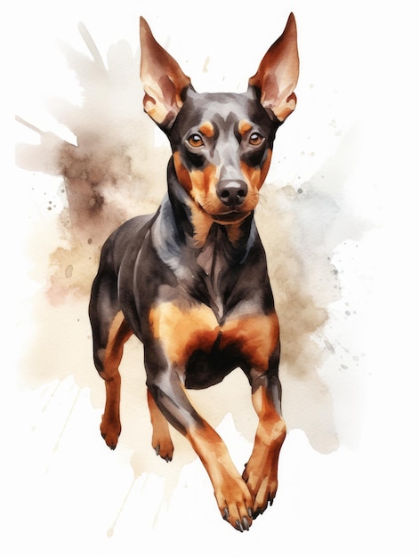 Foto doberman pinscher sentado em estilo aquarela em fundo branco gerado por ia