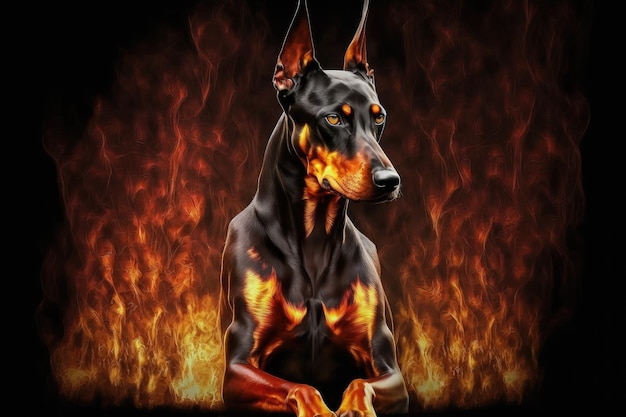 Foto doberman pinscher sentado frente a las llamas con un fondo ardiente creado con ai generativo