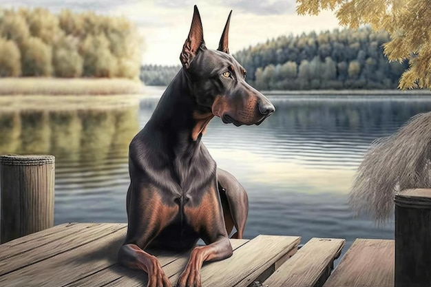 Doberman pinscher sentado na doca com vista para um lago tranquilo criado com generative ai