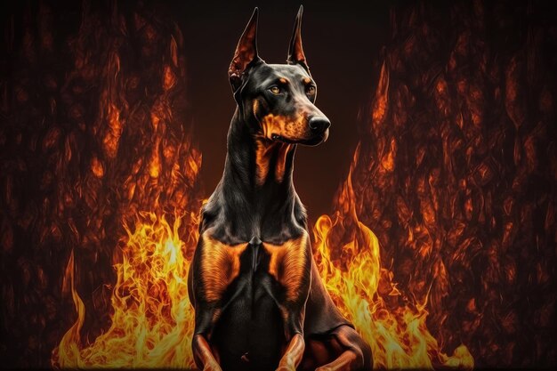 Foto doberman pinscher sentado na frente de chamas com fundo ardente criado com generative ai