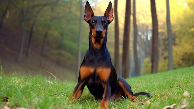 Foto doberman pinscher sentado na grama