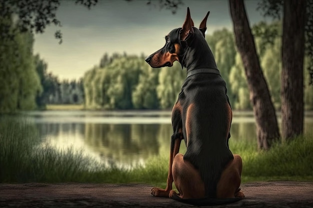 Doberman pinscher sentado no parque vendo o mundo passar criado com ai generativa