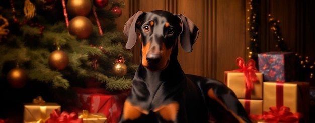 Doberman Pinscher sentado perto da árvore de Natal Cão e presentes em caixas com laços