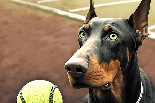 Foto doberman pinscher viendo partido de tenis con pelota en juego creado con ai generativo