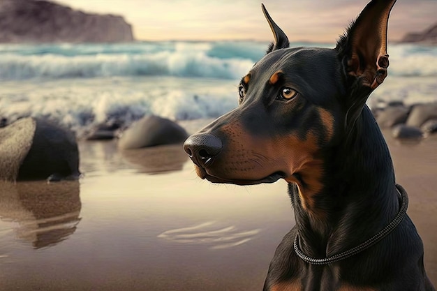 Doberman sentado en la playa con la cabeza vuelta hacia el océano creado con IA generativa