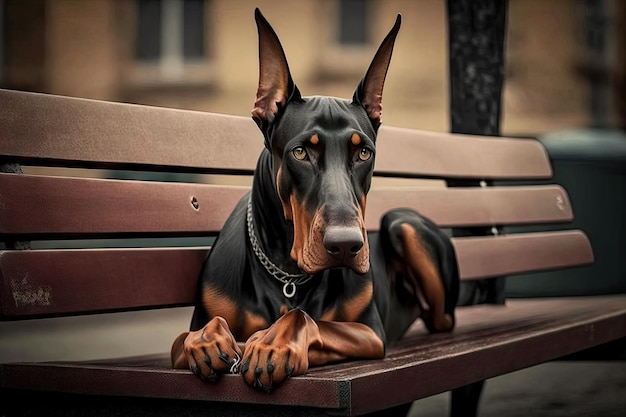 Dobermann auf einer Bank, dessen Kopf auf seiner Pfote ruht, erstellt mit generativer KI