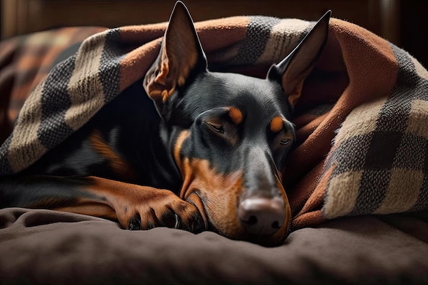 Dobermann-Pinscher schläft friedlich in einem warmen und gemütlichen Bett, das mit generativer KI geschaffen wurde