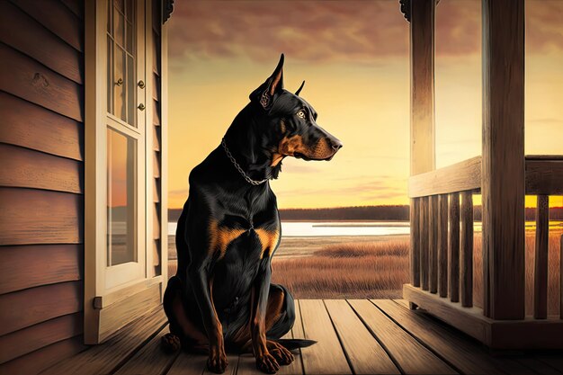 Dobermann-Pinscher sitzt auf der Veranda mit Blick auf den Sonnenuntergang, erstellt mit generativer KI