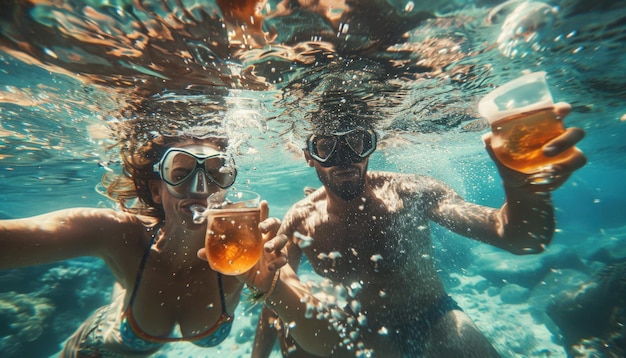 Foto doble la diversión del dúo de buceo con bebidas