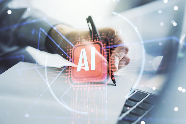 Doble exposición de abreviatura de inteligencia artificial creativa con escritura a mano en el bloc de notas en segundo plano con computadora portátil Tecnología futura y concepto de IA