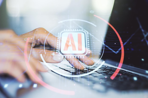 Doble exposición de la abreviatura de Inteligencia artificial creativa con escritura manual en el teclado de la computadora en el fondo Tecnología futura y concepto de IA
