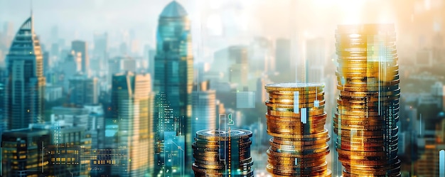 Doble exposición abstracta de un horizonte de la ciudad y una pila precisa de monedas que simbolizan la intersección del crecimiento económico y el comercio exitoso en el mercado