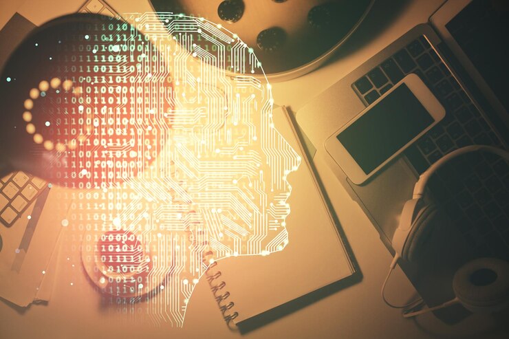 Foto doble exposición del boceto del cerebro y la vista superior de la mesa concepto de análisis de datos