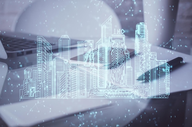 Doble exposición del boceto de la ciudad sobre el fondo del teléfono celular Concepto de ciudad inteligente