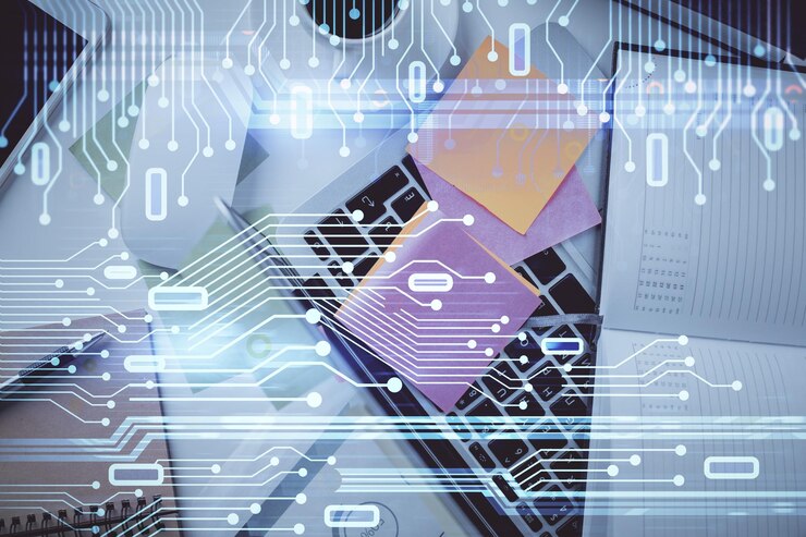 Foto doble exposición del boceto del holograma de datos sobre el fondo de la mesa de estudio con el concepto de computadora de la vista superior de ai