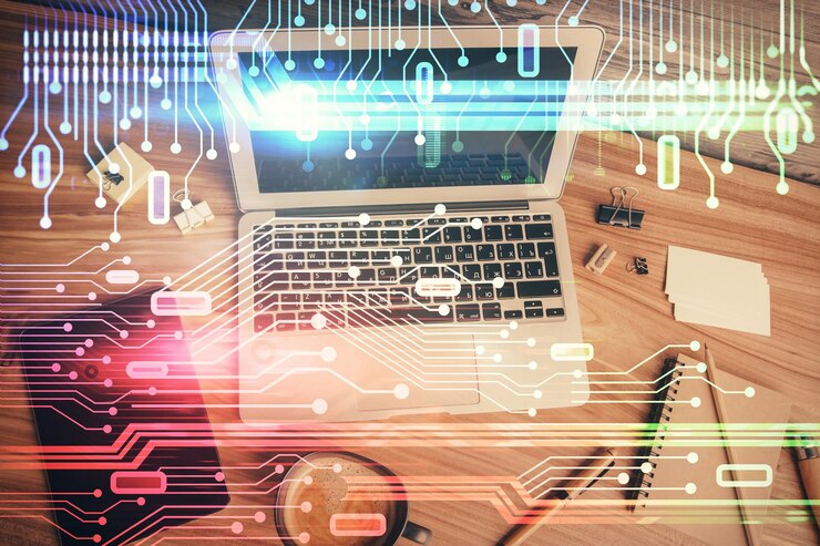 Foto doble exposición del boceto del holograma de datos sobre el fondo de la mesa de estudio con el concepto de computadora de la vista superior de ai