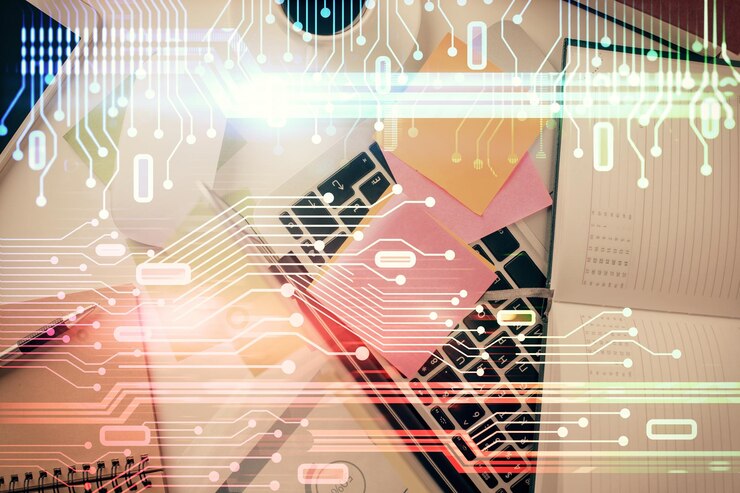 Foto doble exposición del boceto del holograma de datos sobre el fondo de la mesa de estudio con el concepto de computadora de la vista superior de ai