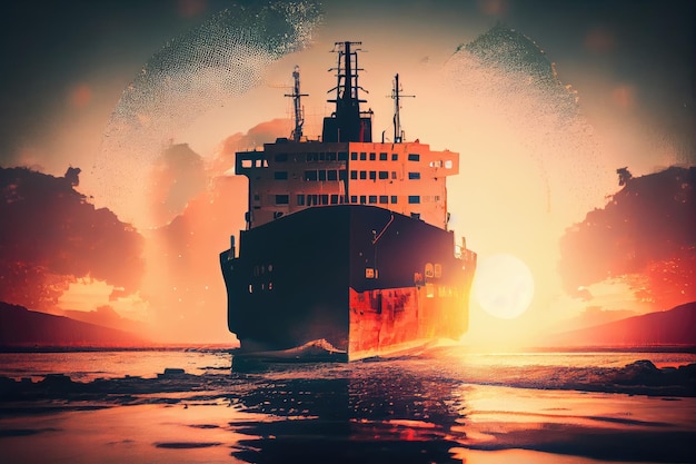 Doble exposición del buque de carga con fondo borroso y puesta de sol brillante en el horizonte