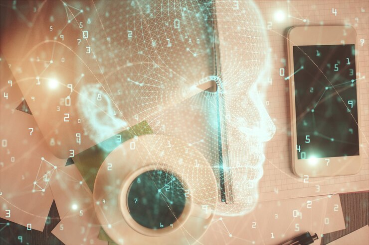 Foto doble exposición del cerebro dibujando sobre la mesa de trabajo vista superior concepto de análisis de datos globales