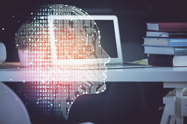 Foto doble exposición de la computadora de escritorio y el cerebro humano dibujando el concepto de holograma ai