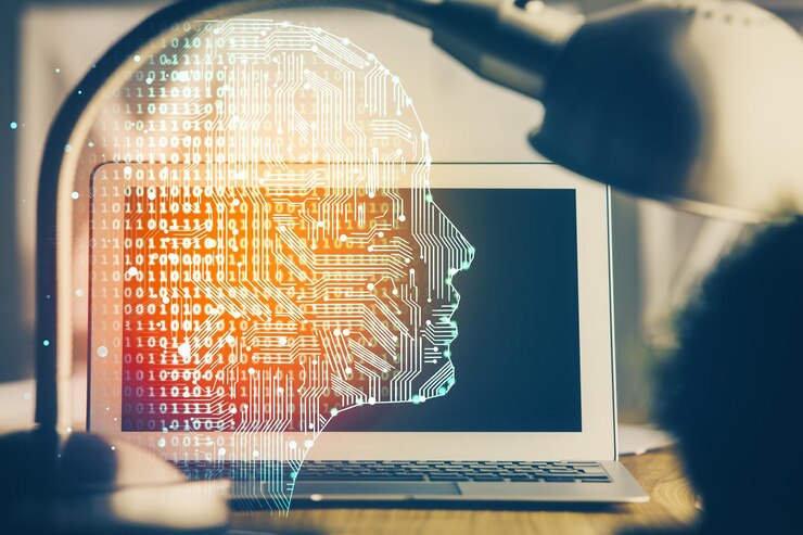Foto doble exposición de la computadora de escritorio y el cerebro humano dibujando el concepto de holograma ai
