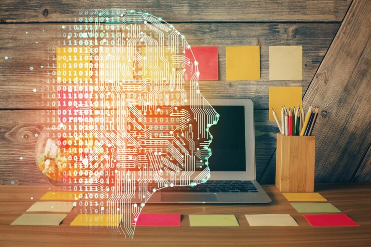 Foto doble exposición de la computadora de escritorio y el cerebro humano dibujando el concepto de holograma ai