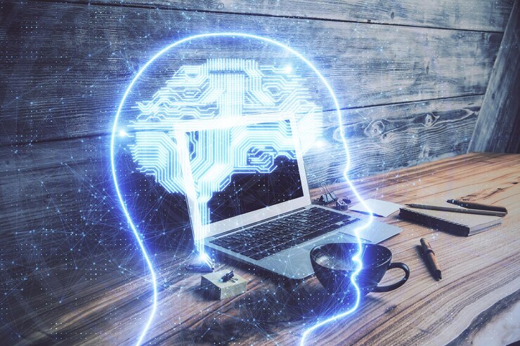 Foto doble exposición de la computadora de escritorio y el cerebro humano dibujando el concepto de holograma ai