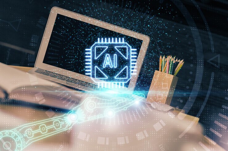 Foto doble exposición de la computadora de escritorio y el holograma temático de la tecnología concepto de desarrollo de software
