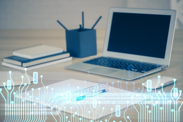 Doble exposición del concepto de dibujo temático de informática y tecnología de innovación