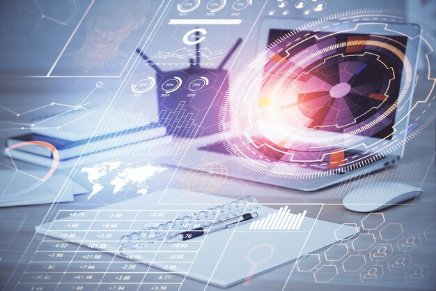 Doble exposición del concepto de dibujo temático de informática y tecnología de innovación