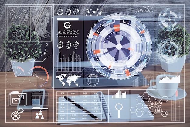 Doble exposición del concepto de dibujo temático de informática y tecnología de innovación