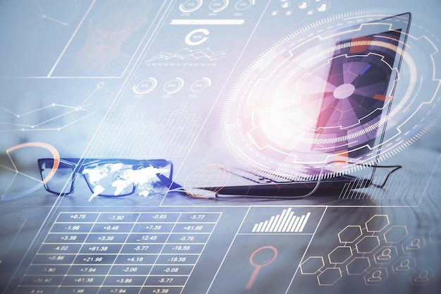 Doble exposición del concepto de dibujo temático de informática y tecnología de innovación