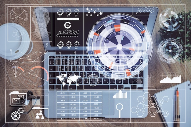 Foto doble exposición del concepto de dibujo temático de informática y tecnología de innovación