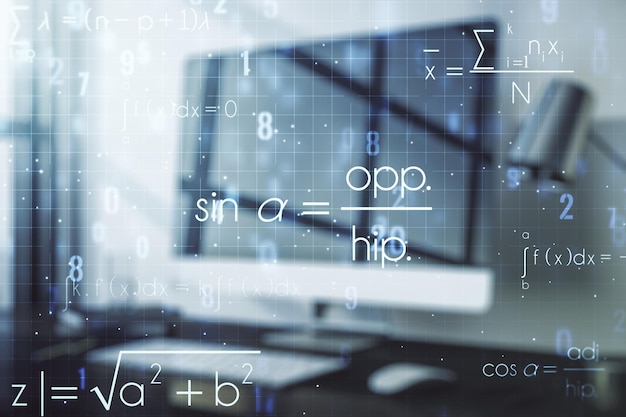 Doble exposición del concepto de fórmula científica creativa en el concepto de investigación y desarrollo de fondo de la computadora portátil