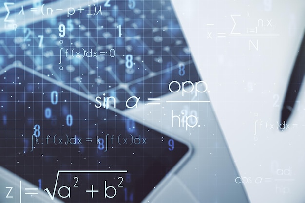 Doble exposición del concepto de fórmula científica creativa sobre el concepto de investigación y desarrollo de antecedentes de portátiles