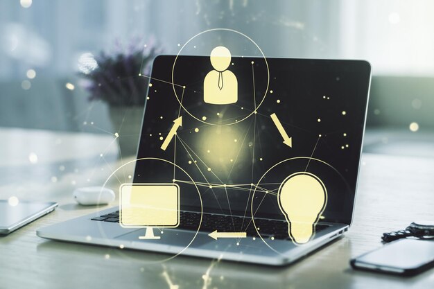 Doble exposición del concepto de iconos de redes sociales con computadora en segundo plano Concepto de redes