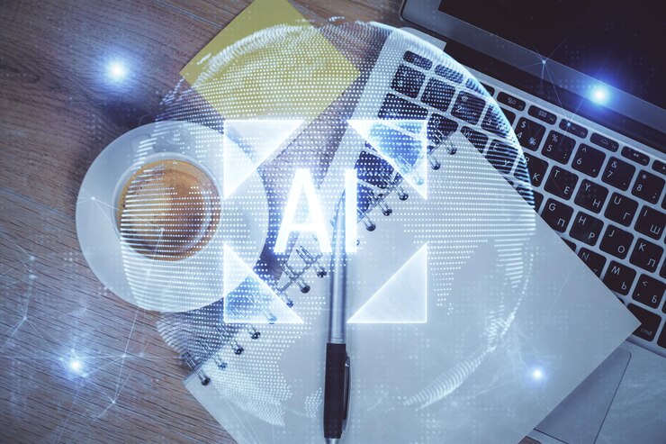 Foto doble exposición de datos dibujando holograma sobre la vista superior del fondo del escritorio de estudio con computadora concepto de ai