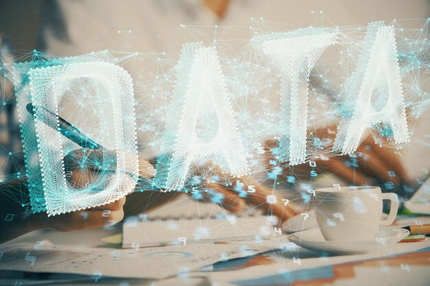 Doble exposición de datos tema dibujo de boceto sobre personas que escriben fondo Concepto de tecnología