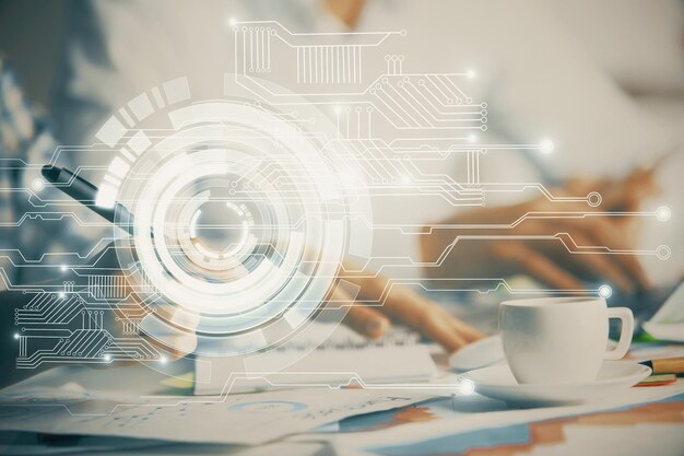 Doble exposición de datos tema dibujo de boceto sobre personas que escriben fondo Concepto de tecnología